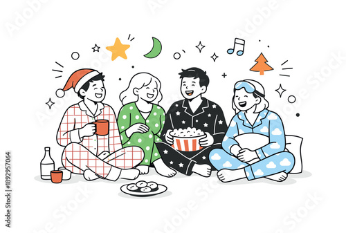 Cozy Pajama Celebration. Holiday pajama party. Friends or family wearing cozy pajamas, sitting together and laughing during a festive evening. Warm comfort and