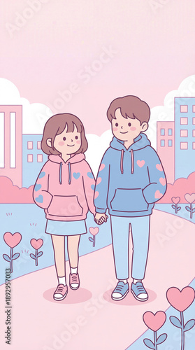 Cute Couple Character Illustration Wearing Matching Hoodies and Walking in Park