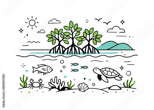 Mangrove Harmony. Mangrove restoration. An abstract coastal scene showing healthy mangroves, calm water, and marine life coexisting in balance. The mood is