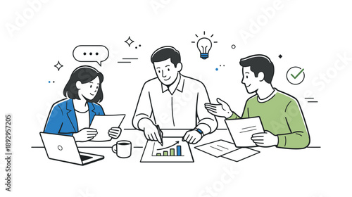 Collaborative Meeting Planning. Business meeting planning. Team members reviewing documents and pointing at a simple chart. Focused work atmosphere and shared