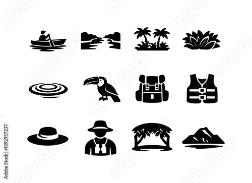 Tropical Journey Icons. Tropical River Journey. Solid icon set of Tropical River Journey: boat gliding, wide river, palm trees, dense foliage, ripples in