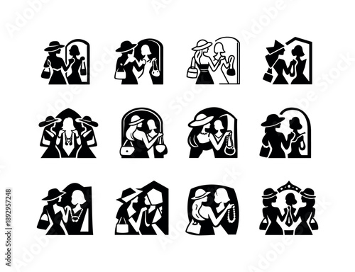 Fashionista Logo Variations. A fashionista putting together an outfit with accessories in front of a mirror. Icon set. Set Logo of a fashionista putting