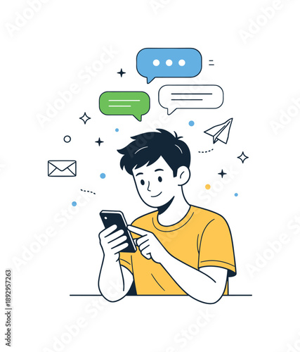 Modern Communication Illustration. Digital communication. A character interacting with a smartphone or tablet, message bubbles gently floating upward. The