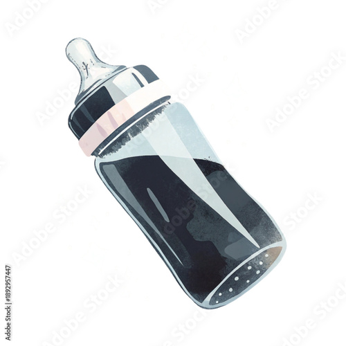 Cute Baby Bottle with Dark Liquid, Infant Feeding, Newborn Care, Baby Shower Gift, Healthy Nutrition, Simple Vector Illustration, Isolated on White Background