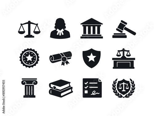 Judicial Icon Set. Judicial authority. Solid icon set of Judicial authority: law scales, judge silhouette, court building, gavel block, official seal, legal