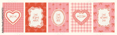 Whimsical Valentine’s Day greeting card collection with hand-drawn ink sketch love doodles and romantic love slogan.