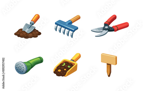 Colorful Gardening Tools Icons. Gardening. Isometric flat vector icons set of Gardening: trowel and soil, rake head detail, pruning shears open, watering can