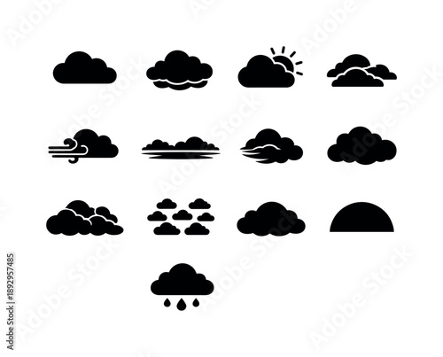 Cloud Icon Collection. Cloudy Sky. Solid icon set of Cloudy Sky: cloud, overcast cloud, sun behind cloud, layered clouds, wind cloud, gray sky horizon,