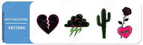Anti-Valentine vector stickers with broken heart and cactus