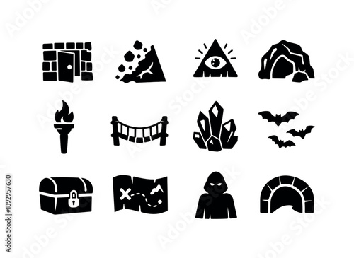 Hidden Cavern Icons. Hidden caverns. Solid icon set of Hidden caverns: secret door, rock slide, mystery symbol, cave entrance, torch, rope bridge, crystal