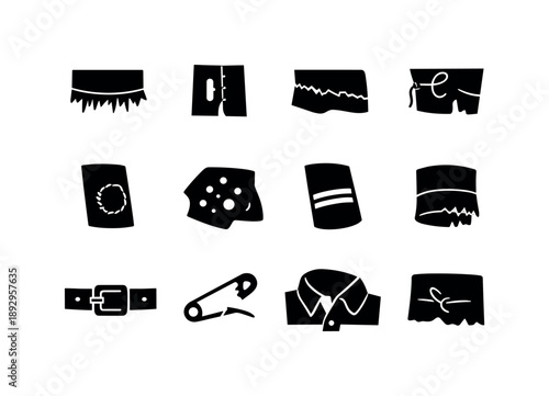 Damaged Uniform Icons. Damaged uniform details. Solid icon set of damaged uniform details: frayed hem, missing buttonhole, torn seam, loose stitch, worn knee