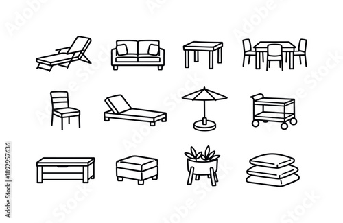 Deck Furniture Icons. Deck Furniture. Line icon set of Deck Furniture: deck chair, outdoor sofa, side table, dining table, dining chair, lounge bed, umbrella