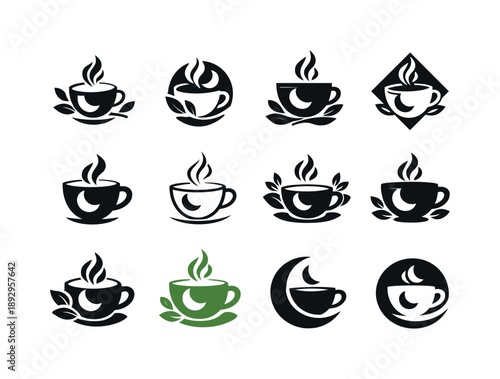 Restorative Sleep Icons. Restorative sleep practices and rituals. Icon set. Set Logo of Restorative sleep practices and rituals: herbal tea before sleep.