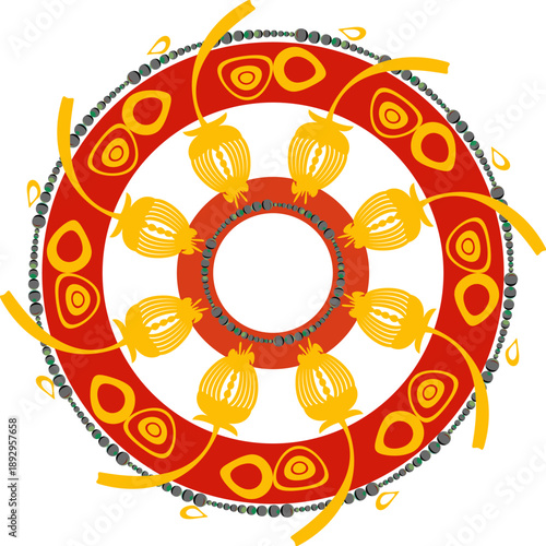 Abstract flowers and unusual folk elements are arranged in a circle for postcards, websites, for printing on clothes, as stickers.