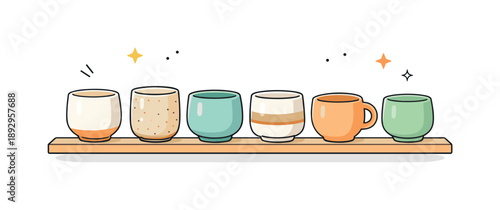 Natural Ceramic Beauty. Handmade ceramic cups. A kitchen shelf with a line of hand-thrown cups, each slightly different in shape and glaze. Quiet imperfection