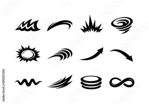 Expressive Sound Icons. Expressive sound motifs. Solid icon set of expressive sound motifs: dramatic wave, sweeping arc, exaggerated spike, swirling resonance,