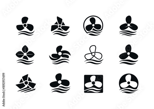Fan Logo Variations. Turning on a fan. Icon set. Set Logo of turning on a fan: airflow activation symbol. harmonious logo variations of the same emblematic