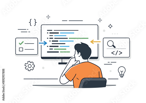 Minimal Coding Design. Coding workflow. Programmer reviewing lines of code on a large screen, concentration and logical thinking. Clean scene with simple