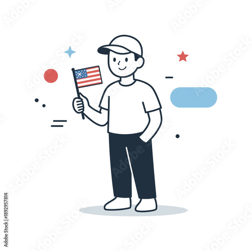Proud American Symbol. USA identity. A simple character holding a small US flag, standing calmly with abstract shapes floating nearby. The illustration conveys