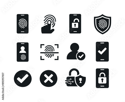 Mobile Security Icons. Mobile fingerprint unlock. Solid icon set of Mobile fingerprint unlock: smartphone fingerprint, thumb touch, unlock screen, secure app,