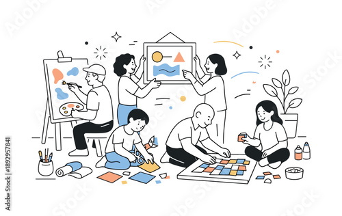 Collaborative Art Creation. Community art project. Neighbors painting, crafting, or arranging artworks together, showing cooperation and shared purpose. Calm