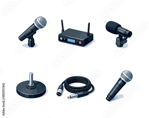 Isometric Sound Icons. Live sound. Isometric flat vector icons set of live sound: stage vocal microphone, wireless microphone receiver, microphone on clip, mic