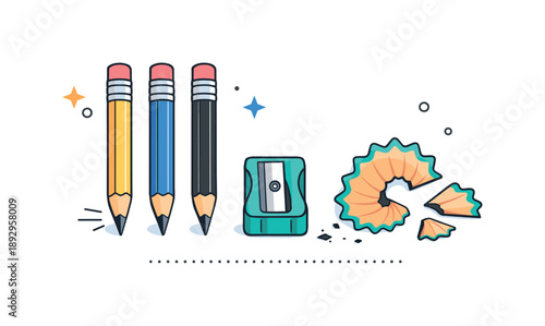Creative Pencil Arrangement. Sharpening pencils ? creative tools. Collection of pencils, sharpener, and shavings arranged neatly, representing readiness for