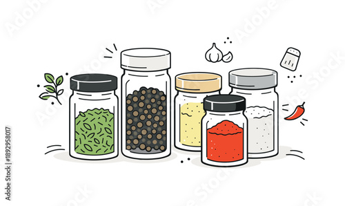 Minimalist Spice Jars. Neutral spice jar collection. A few spice jars slightly staggered, showing different contents with soft color hints. Everyday cooking