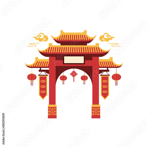 Traditional Chinese Gate with Lanterns and Decorations in Front View