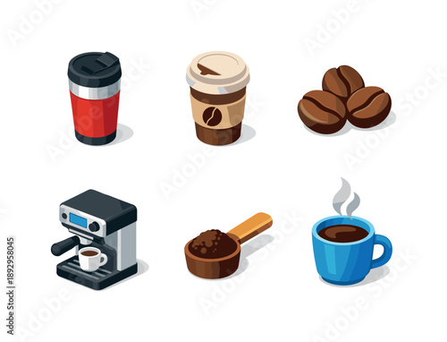 Isometric Coffee Icons. Coffee. Isometric flat vector icons set of Coffee: thermal mug, paper coffee cup, coffee beans, espresso machine, coffee scoop, fresh