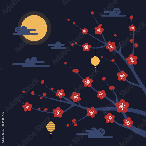 A serene nighttime scene with a blossoming tree adorned with lanterns under a full moon and clouds