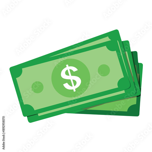 Flat illustration of a stack of green dollar bills with a dollar sign, clean vector style, white background