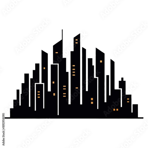 Black silhouette of a modern cityscape with various buildings and illuminated windows on a clean white background