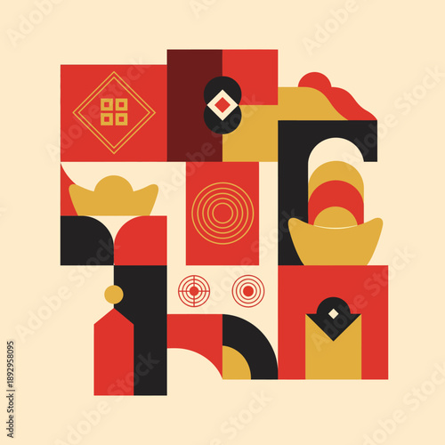Vibrant geometric shapes in red, black, and yellow hues arranged in a harmonious abstract composition viewed from directly above