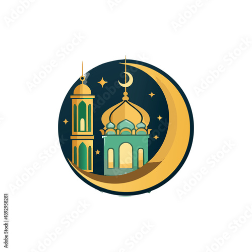Elegant green and gold mosque logo with domes, crescent moon, and decorative symmetrical shapes, modern Islamic emblem