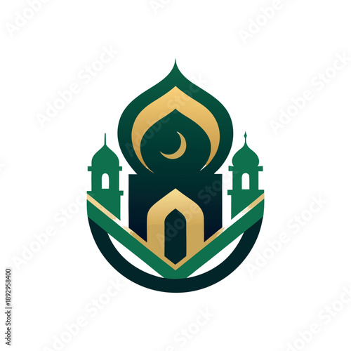 Elegant green and gold mosque logo with domes, crescent moon, and decorative symmetrical shapes, modern Islamic emblem