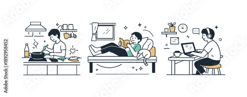 Cozy Tiny House Living. Everyday life in a tiny house. A person cooks, rests, or works in a compact space, showing comfort without excess. The illustration