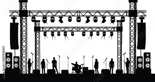 Black and White Silhouette Illustration of Live Concert Stage with Musicians, Instruments, Speakers, and Lighting Trusses for Event Themes