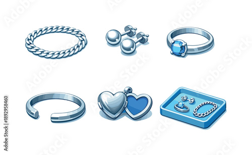 Silver Jewelry Icons. Silver Jewelry. Isometric flat vector icons set of Silver Jewelry: silver chain necklace, silver stud earrings, silver ring with stone,