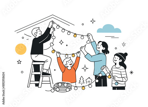 Festive Family Decorating. Putting up Christmas lights. Family members decorating a home with string lights, reaching up and smiling together. Warm holiday