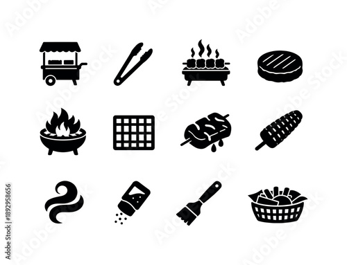 Street Grilling Icons. Street grilling. Solid icon set of street grilling: grill cart, tongs, skewers grilling, burger patty, hot grill flames, grill grate,
