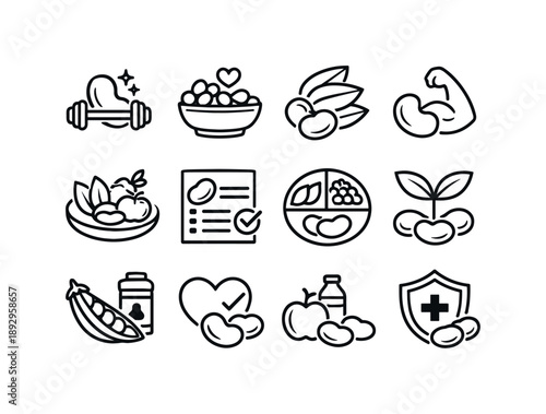 Beans Nutrition Icons. Beans Nutrition. Line icon set of Beans Nutrition: protein source beans, healthy legumes, fiber rich food, vegan protein