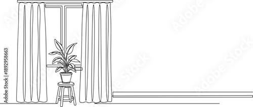 Minimalist interior with window, curtains, potted plant on stool, black and white line art, cozy home decor illustration