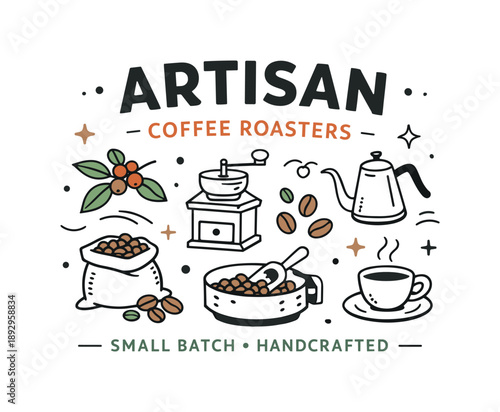 Handcrafted Coffee Label. Artisan coffee label illustration. Handcrafted-style coffee label with simple line drawings of beans and tools, suggesting small