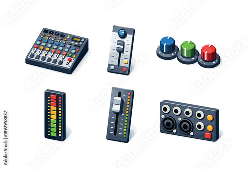 Isometric Soundboard Icons. Soundboard mixer. Isometric flat vector icons set of soundboard mixer: audio mixing console, channel fader strip, rotary EQ knobs,