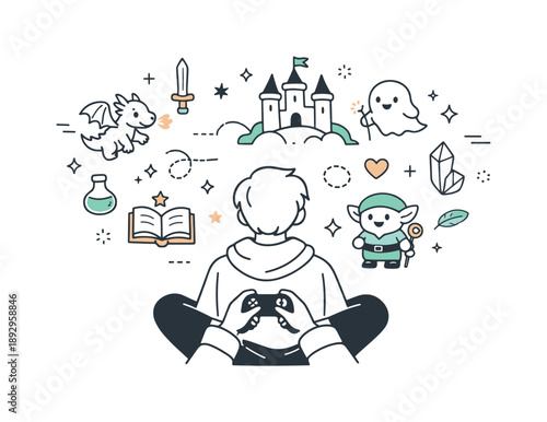 Cozy Gaming Escape. Cozy fantasy gaming moment. A gamer sitting comfortably with a controller, fantasy creatures and icons gently floating around the screen.