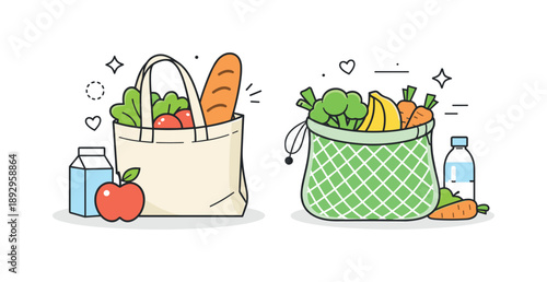 Eco-Friendly Shopping Bags. Reusable grocery bags concept. Simple fabric bags with food items like bread and produce visible inside, showing responsible