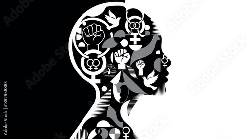 Feminism and womens rights concept illustration with symbols of empowerment protest and gender equality inside a thoughtful female head profile