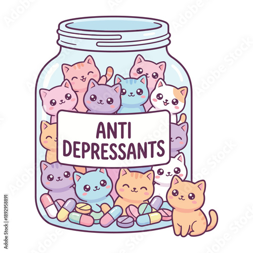 Cute Kittens in Jar Anti Depressants Pastel Cartoon Illustration
