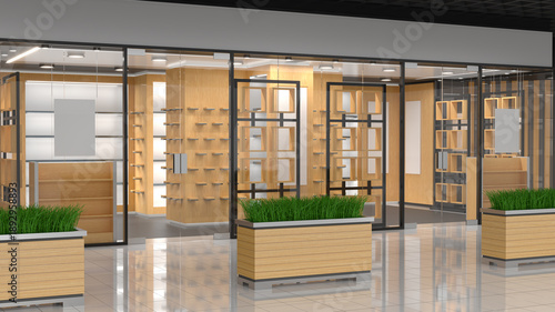 Billede på lærred Retail store boutique with wooden display stands, glass storefront and rectangular planters with green plants in a shopping mall